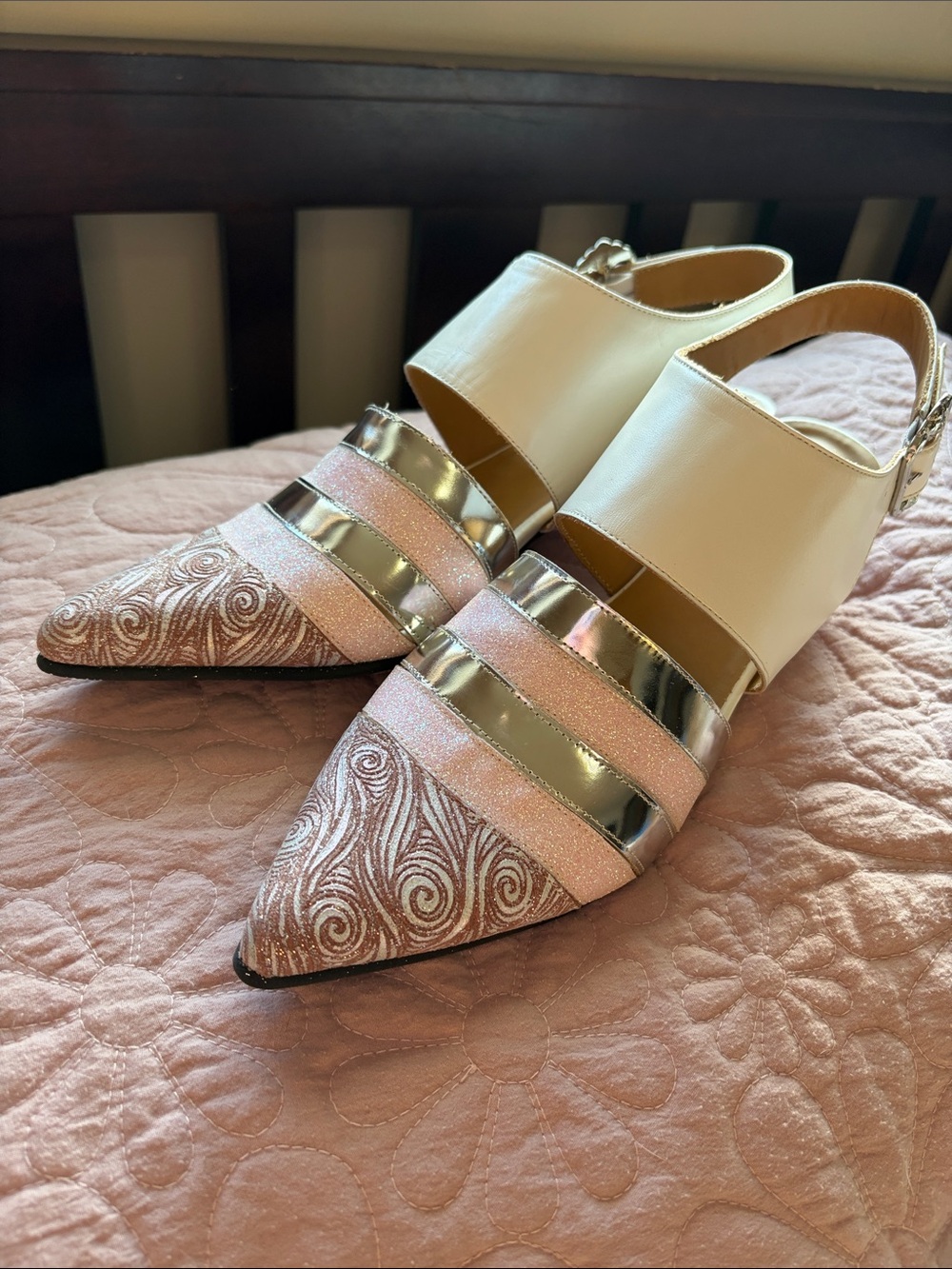 John Fluevog Ellychnia Cream and Pink Pointed Toe Mules with Metallic Straps
